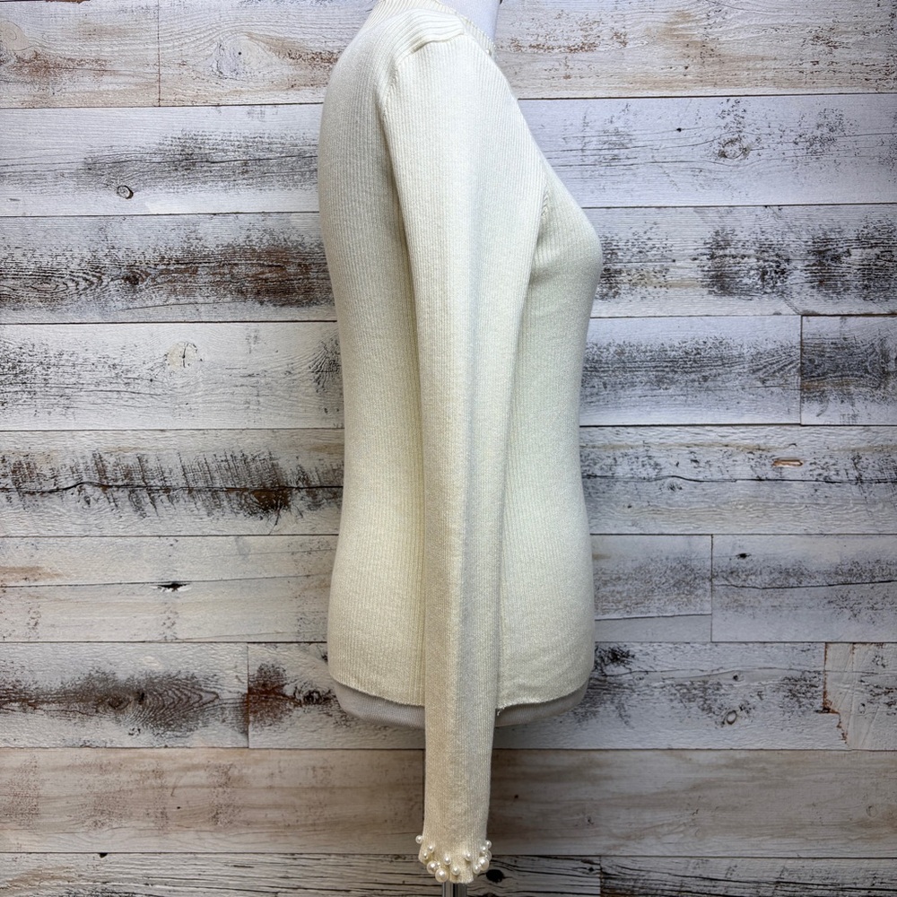 Ivory Mock Neck Sweater Size L Pearl Collar Cuffs Formal Holiday Cocktail Ribbed - Picture 3 of 12